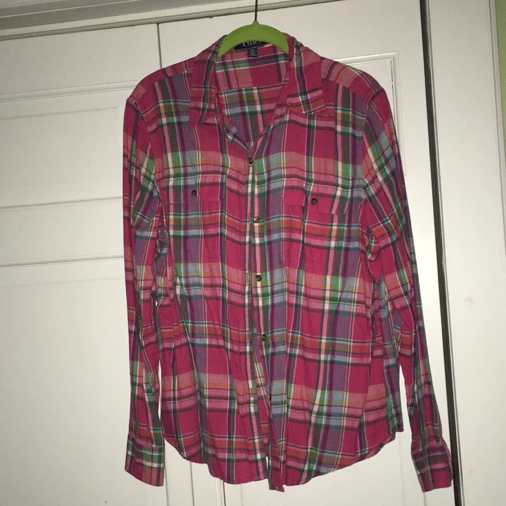 Chaps top button front pink plaid lightweight XL